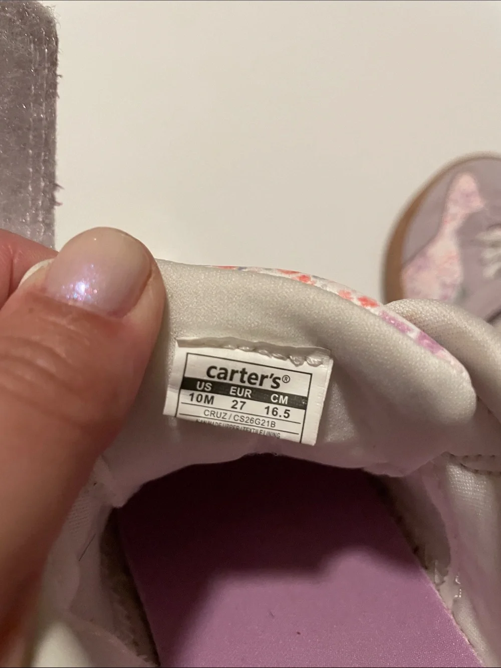 Carter’s Toddler Size 10 Floral Light Purple Sneakers Faux Laces Velcro Strap